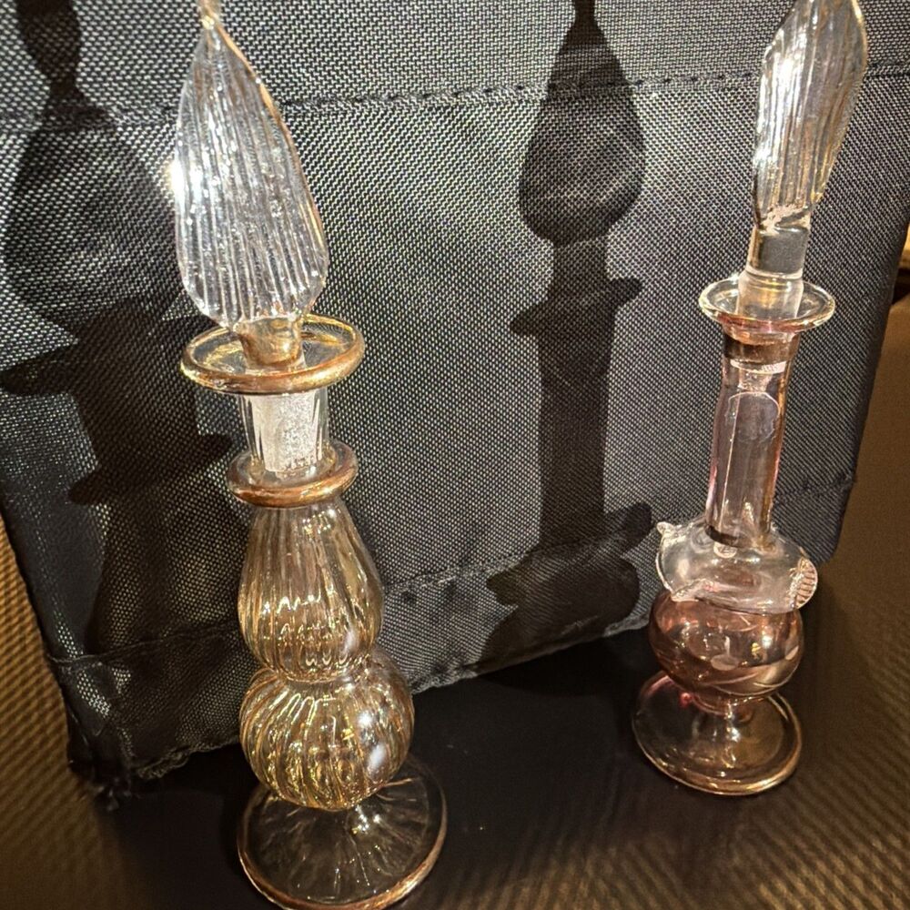 2 Vintage Hand Blown Etched Glass Perfume Bottles BeautifulAmber Glass Gold Trim